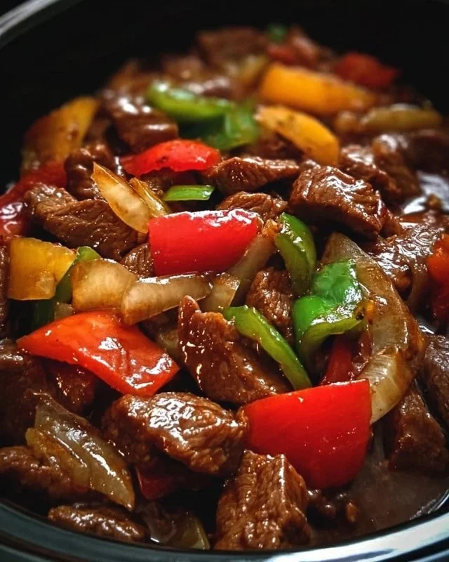 Delicious pepper steak prepared in a crock pot with colorful vegetables.
