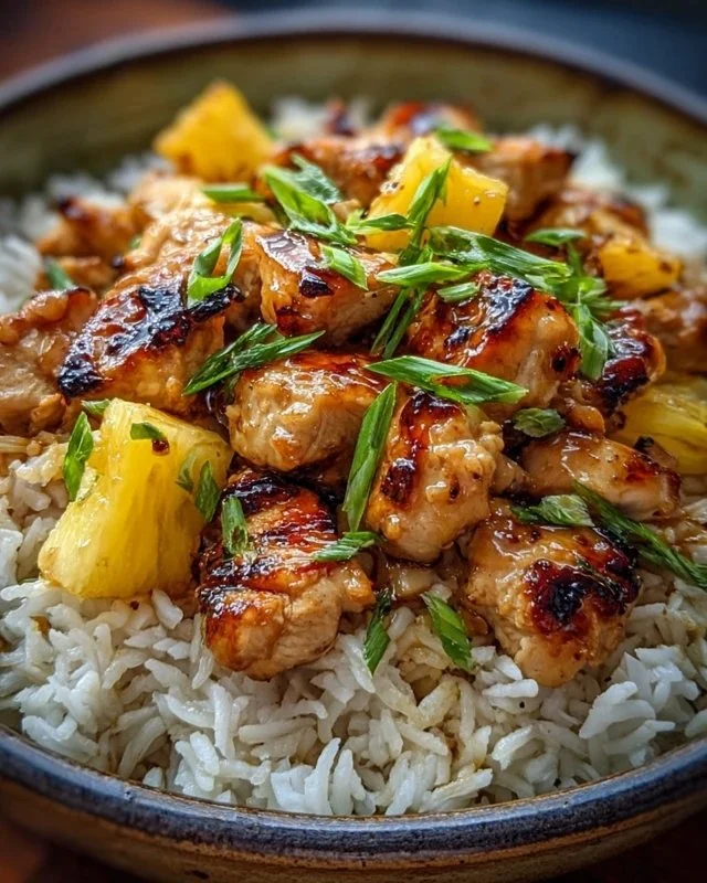 Plate of pineapple chicken served with rice, garnished with fresh pineapple slices.