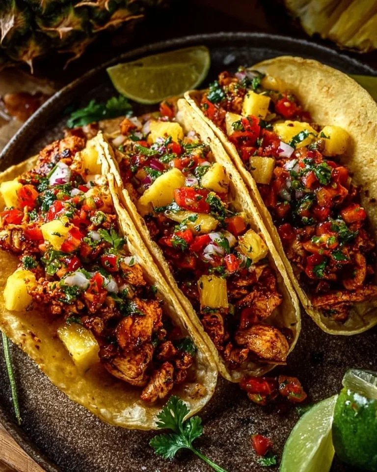 Delicious Pineapple Chicken Tacos topped with fresh vegetables and herbs