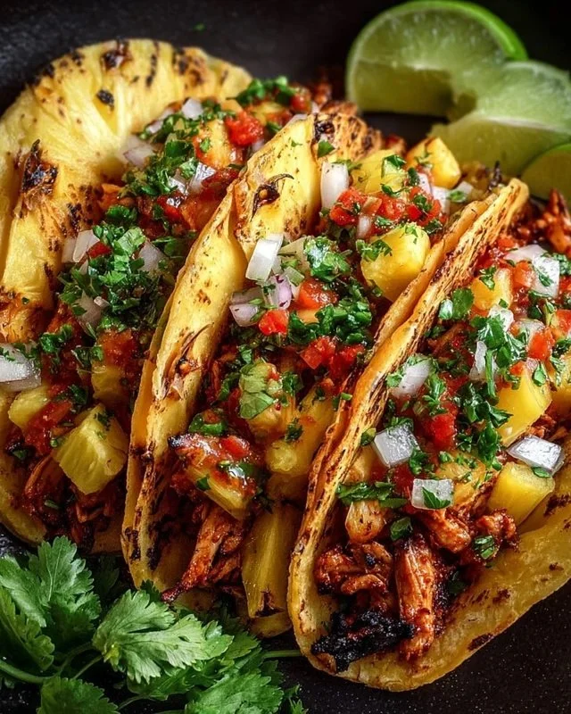 Delicious Pineapple Chicken Tacos served with fresh toppings and lime