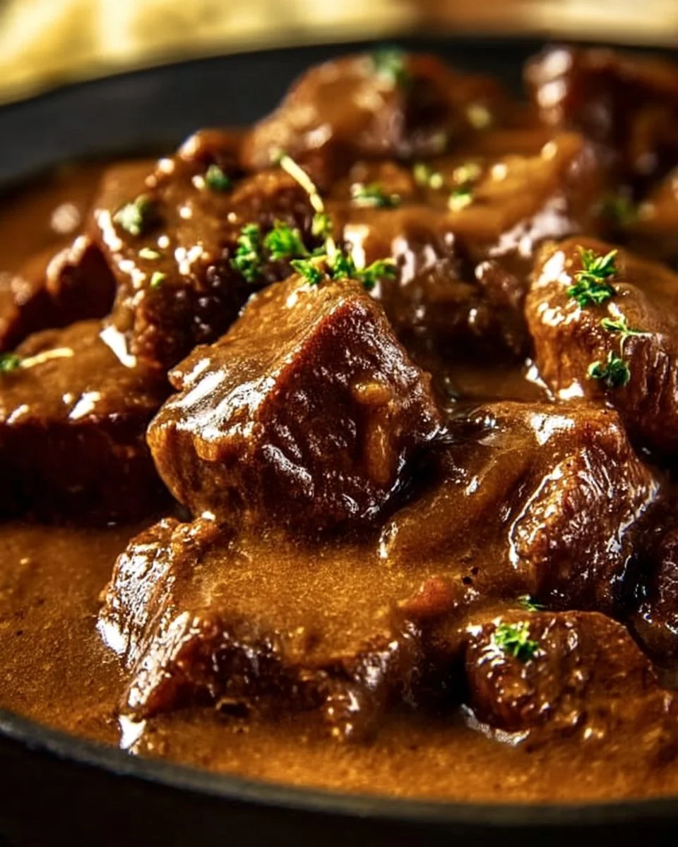 Delicious Pioneer Woman beef tips and gravy served in a rustic bowl