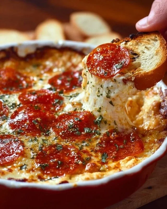 Delicious Pizza Dip served in a bowl with toppings and breadsticks