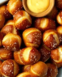 Plate of warm, soft pretzel bites with dipping sauces