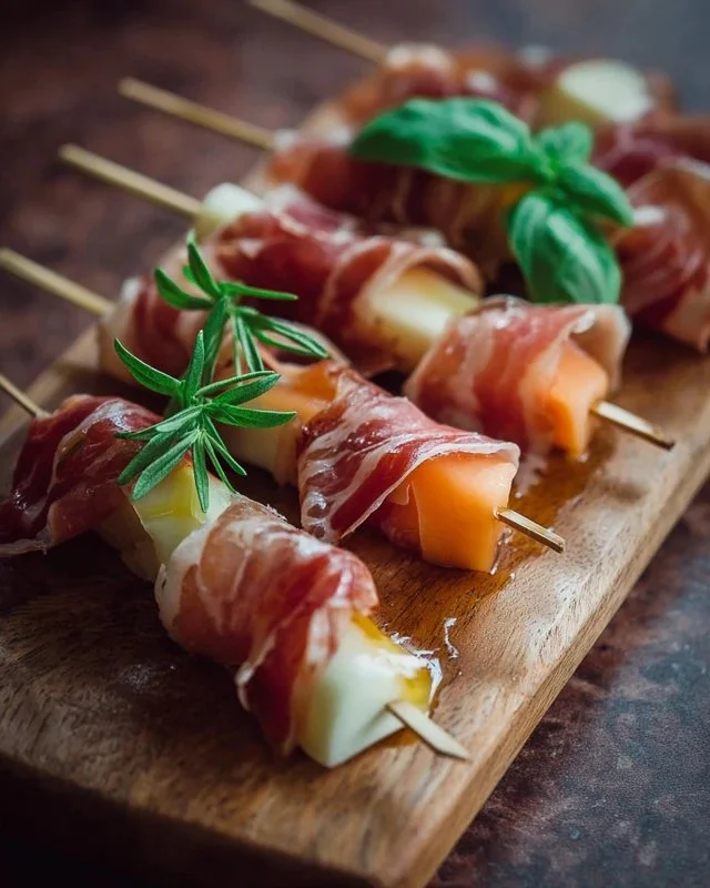 Delicious prosciutto skewers with mellow ingredients, perfect for appetizers.