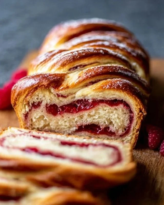 Freshly baked Raspberry Swirl Brioche Loaf with a delightful twist of raspberry.