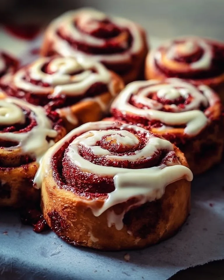 Freshly baked Red Velvet Cinnamon Rolls with cream cheese frosting