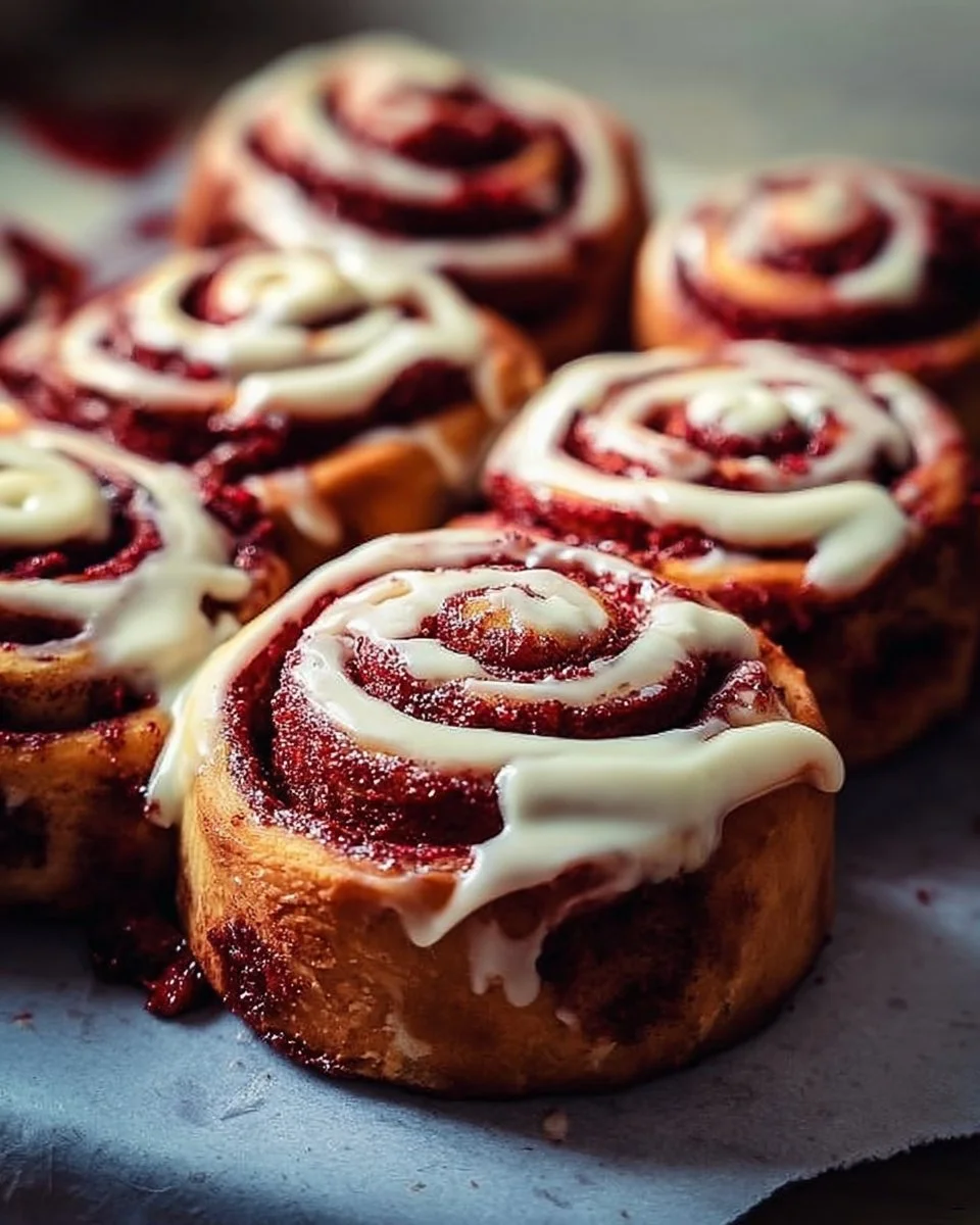 Freshly baked Red Velvet Cinnamon Rolls with cream cheese frosting