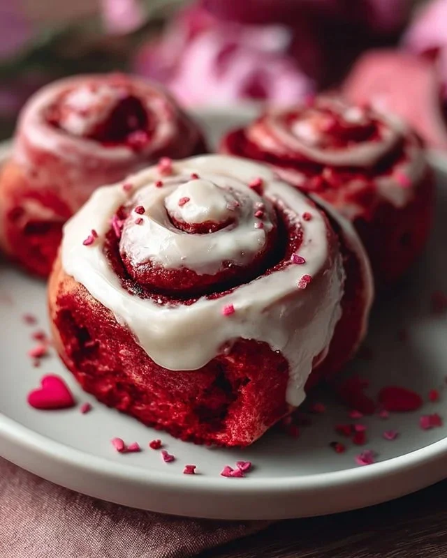 Red Velvet Valentine's Day Cinnamon Rolls topped with cream cheese icing