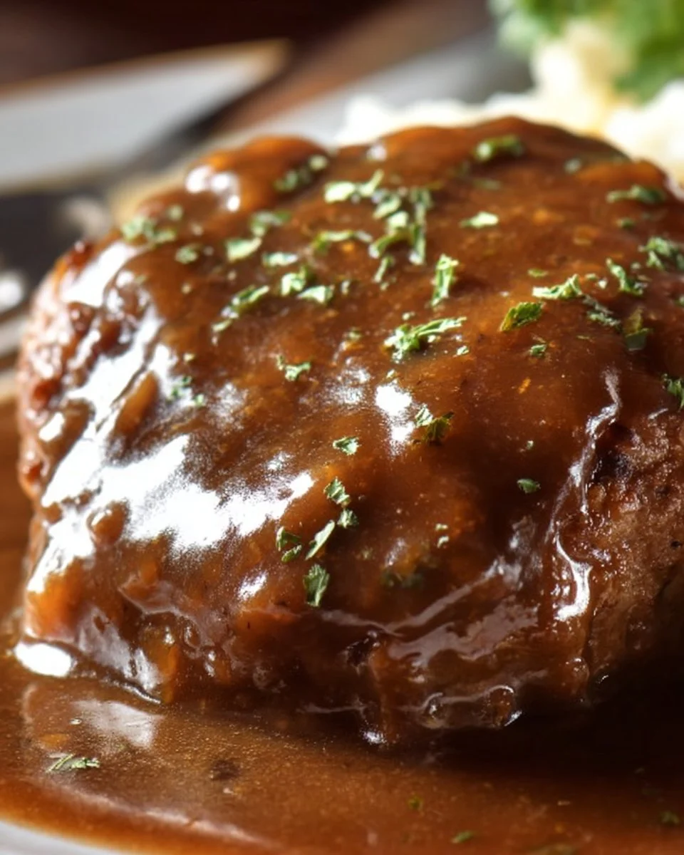 Homemade Salisbury Steak served with gravy and mashed potatoes