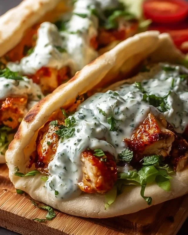 Sheet pan chicken pitas served with herby ranch dressing