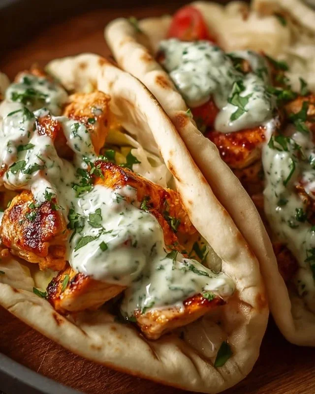 Sheet pan chicken pitas topped with herby ranch dressing and fresh vegetables.