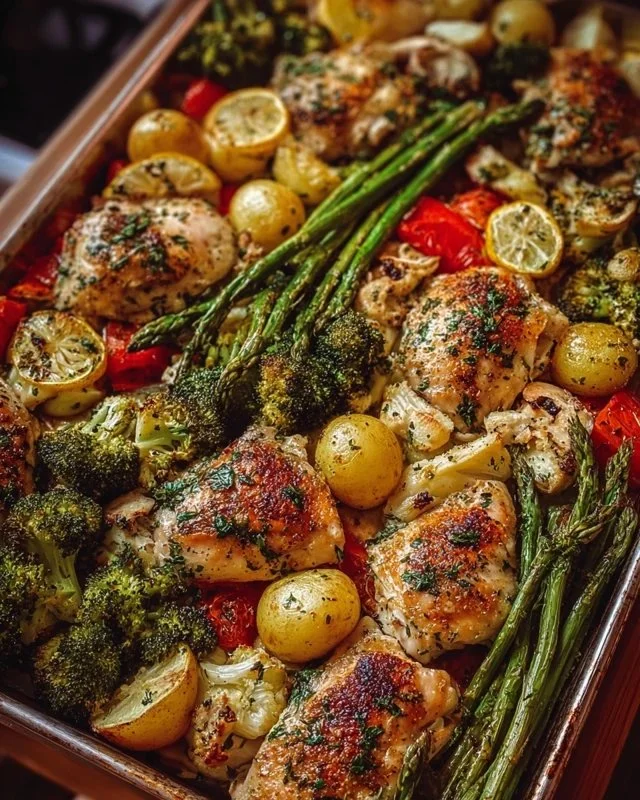 Sheet pan with garlic butter chicken and colorful vegetables ready to serve.