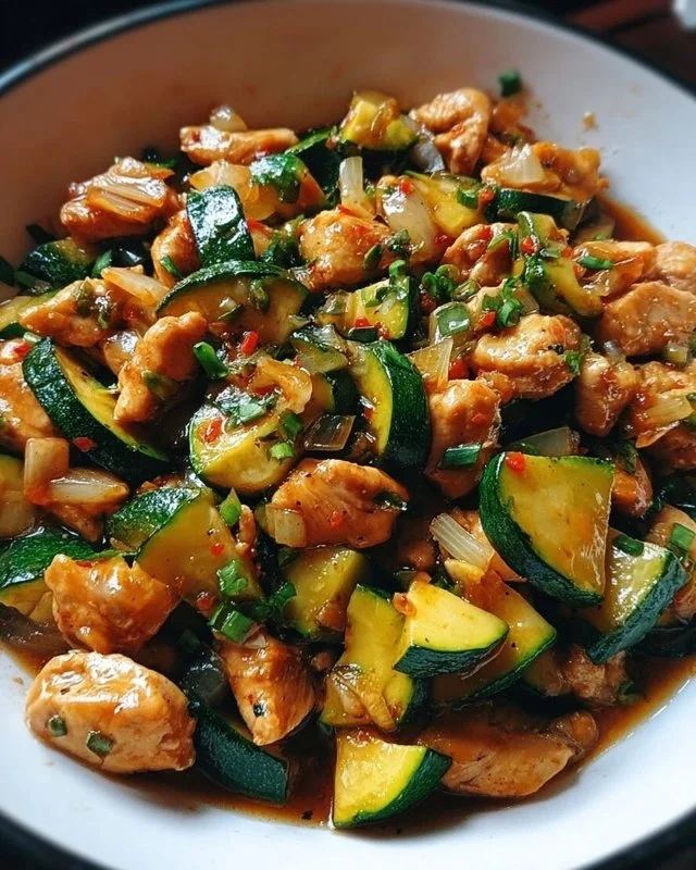 Simple chicken zucchini stir fry with colorful vegetables in a skillet