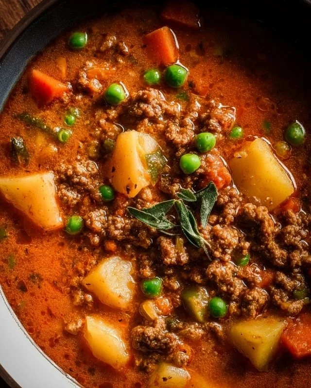 Hearty simple ground beef stew with vegetables in a bowl
