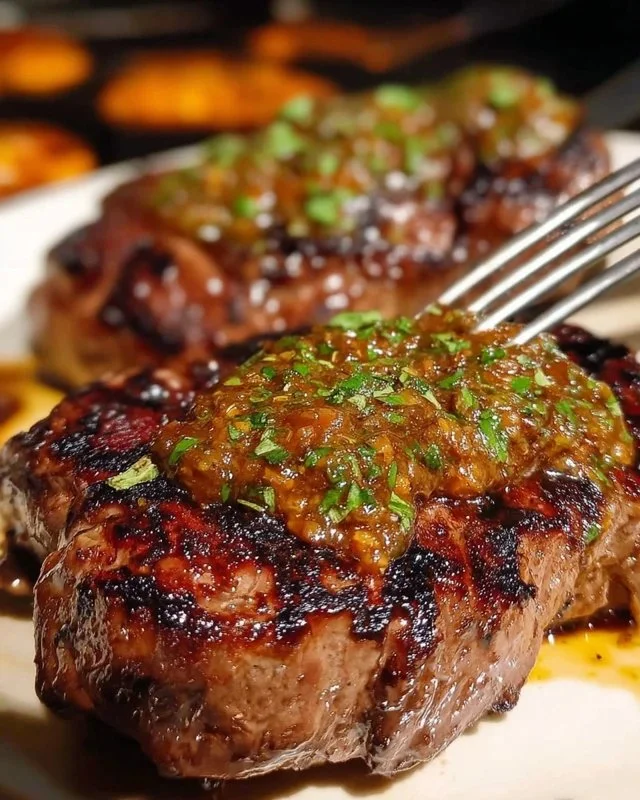 Delicious Cowboy Butter Steak cooked to perfection, served on a grill plate.