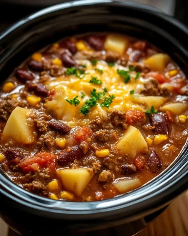 Delicious Slow Cooker Cowboy Casserole served in a rustic dish