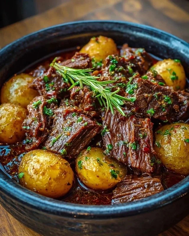 Slow cooker garlic butter beef stew with potatoes in a rustic bowl.