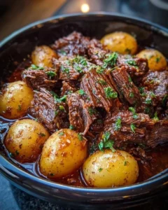 Slow Cooker Garlic Butter Beef with Potatoes dish ready to serve.