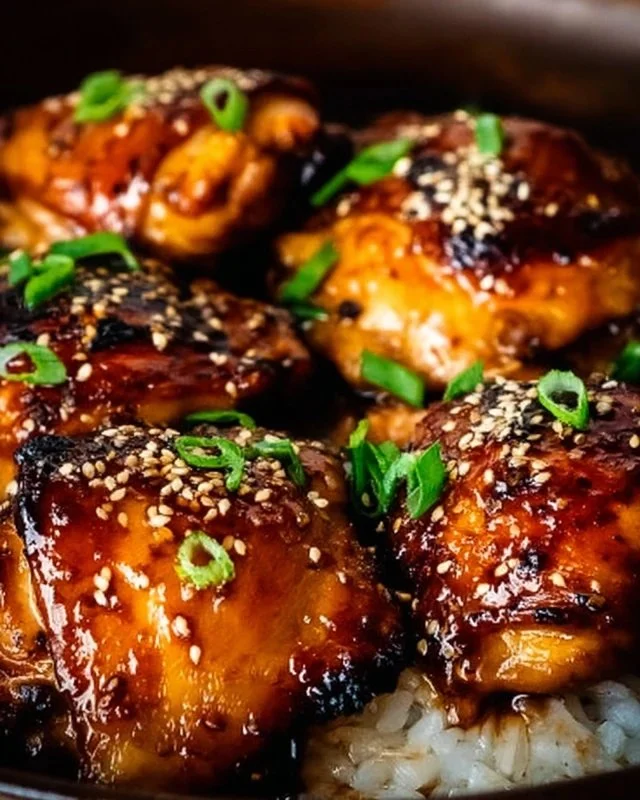 Plate of slow cooker honey garlic chicken garnished with herbs