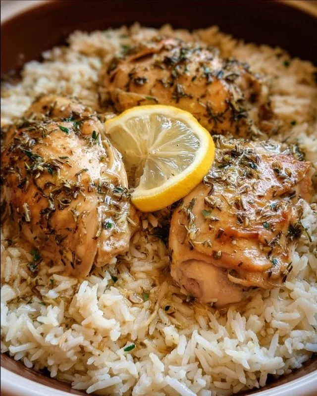 Delicious slow cooker lemon herb chicken served with fluffy rice
