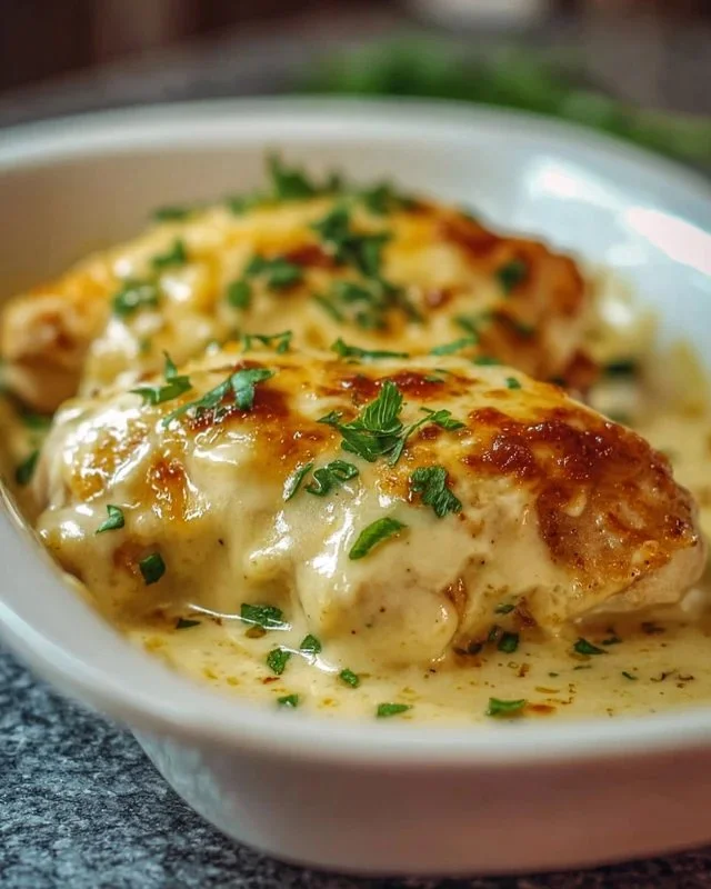 Smothered Cheesy Sour Cream Chicken with melted cheese and creamy sauce