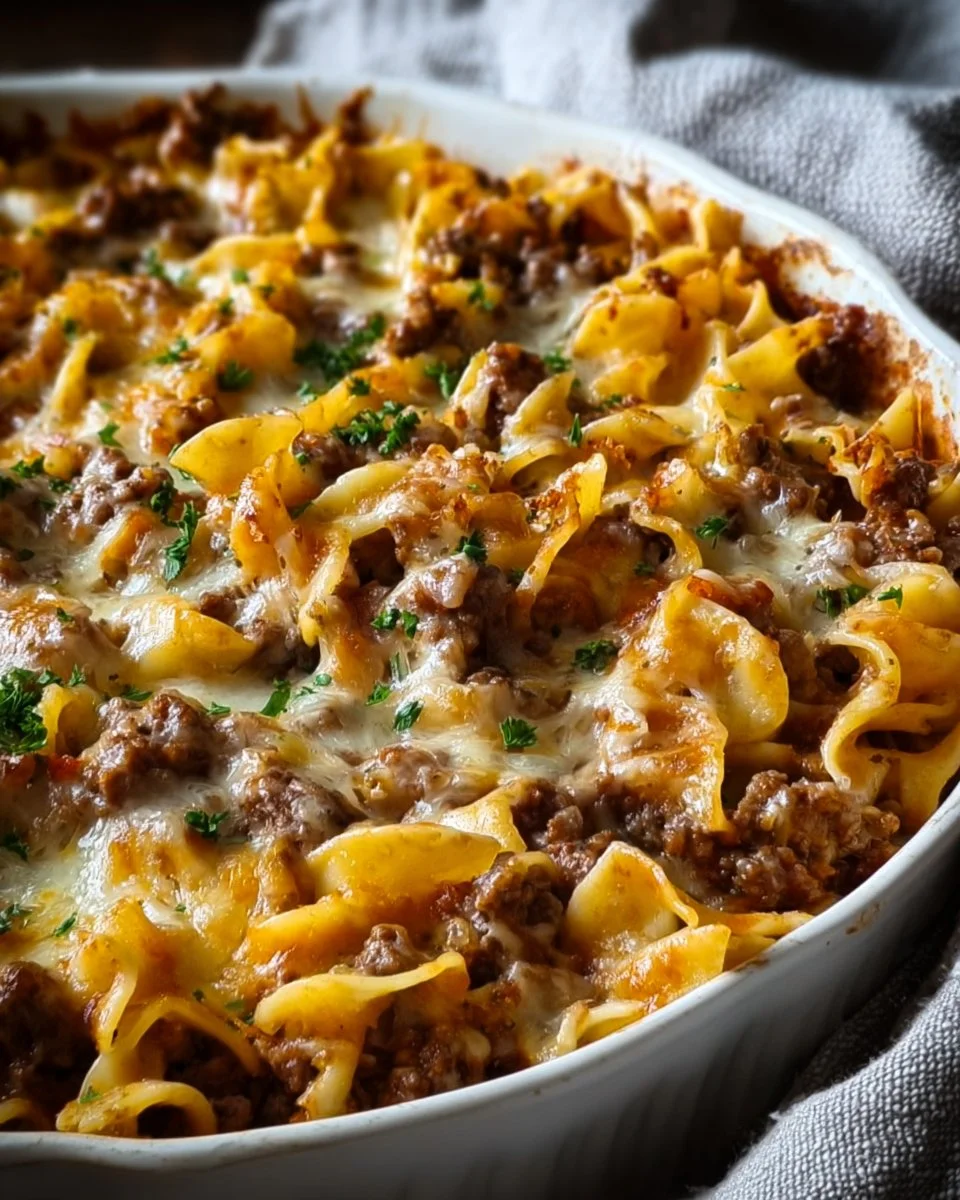 Sour Cream Beef Noodle Casserole in a baking dish, topped with cheese and herbs.