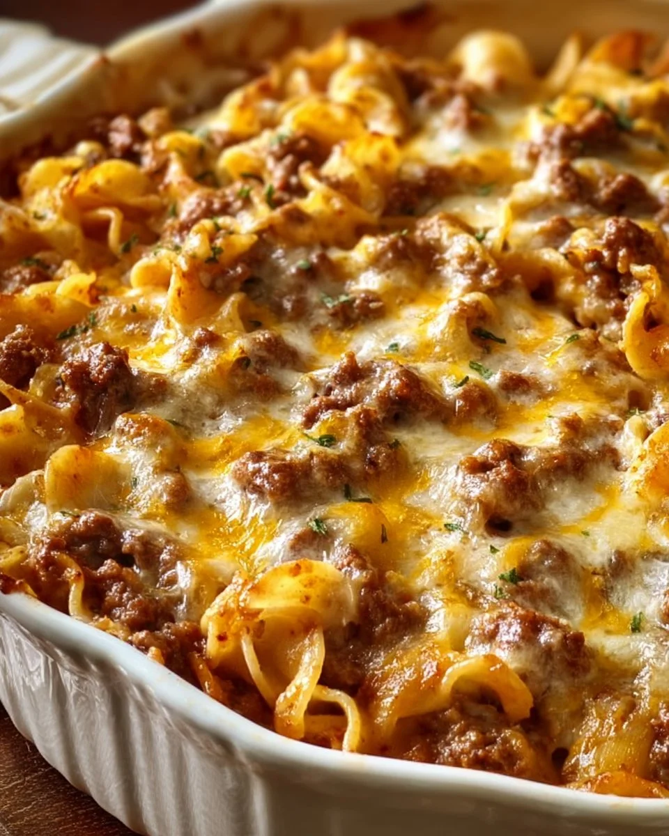 Sour Cream Beef Noodle Casserole topped with cheese and herbs in a baking dish