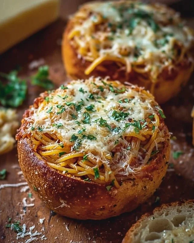 Spaghetti garlic bread bowls with melted cheese and fresh herbs