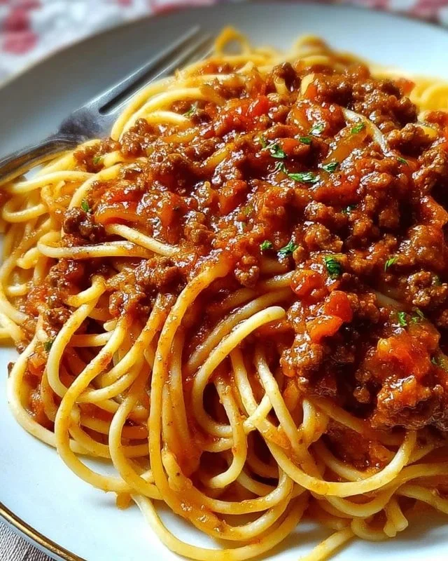 Delicious bowl of spaghetti topped with rich meat sauce