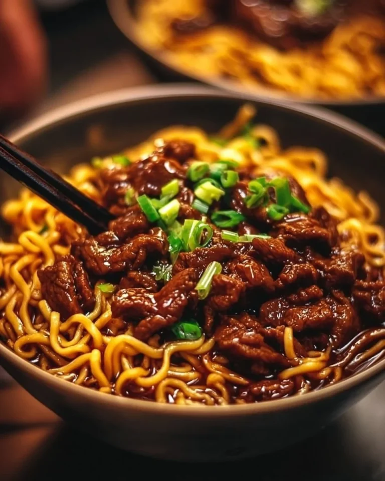 Delicious sticky beef noodles served in a bowl with fresh herbs and vegetables