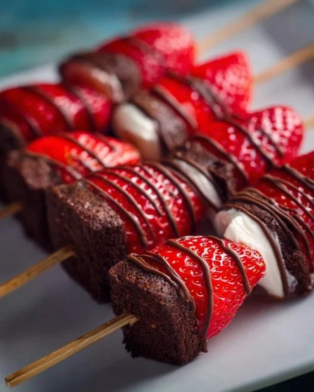 Strawberry Brownie Kabobs on a plate, a delicious dessert combining sweet strawberries and rich brownies.