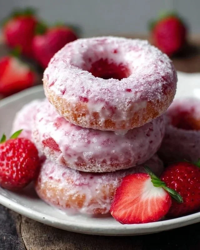 Freshly baked strawberry cake donuts topped with pink icing and sprinkles