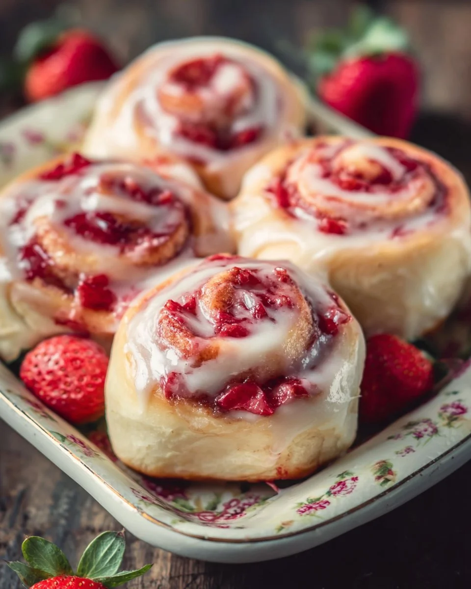 Delicious Strawberry Cheesecake Cinnabon Rolls on a plate