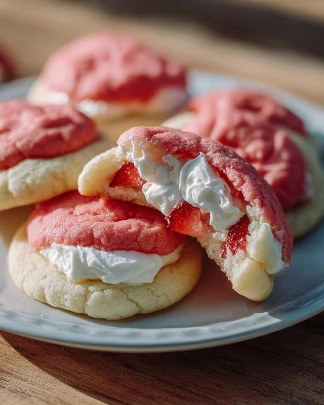 Freshly baked strawberry cheesecake cookies with cream cheese and strawberries