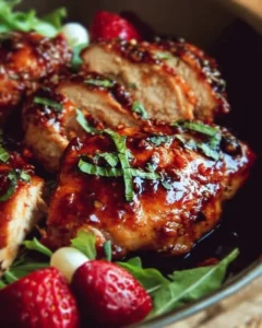 Plate of strawberry chicken garnished with fresh strawberries and herbs.