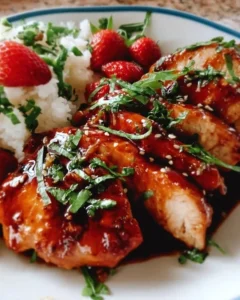 Delicious Strawberry Chicken dish garnished with fresh strawberries and herbs