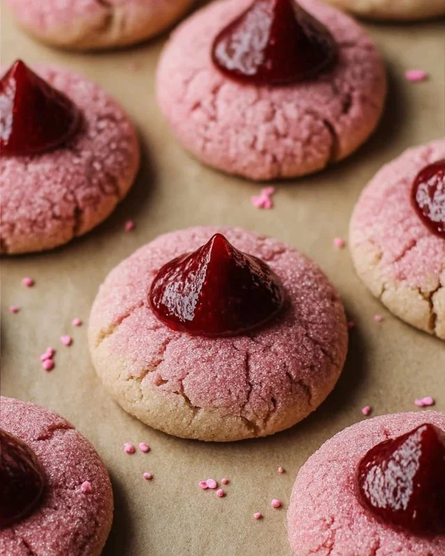 Plate of homemade Strawberry Kiss Cookies decorated with fresh strawberries
