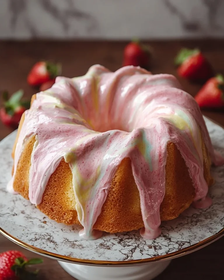 Delicious strawberry milkshake pound cake served on a white plate with fresh strawberries