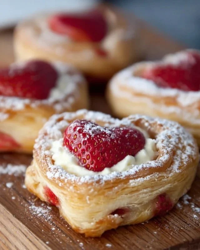 Freshly baked strawberry puff pastry danishes topped with icing