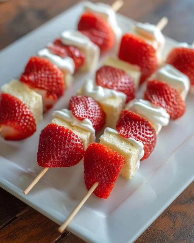 Strawberry shortcake kabobs with fresh strawberries and whipped cream on skewers