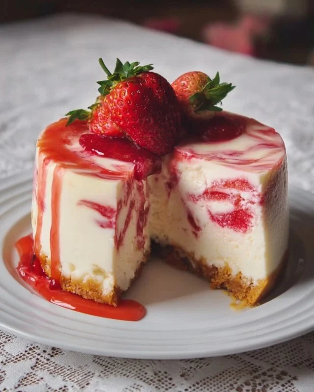 Delicious homemade strawberry swirl cheesecake with fresh strawberries