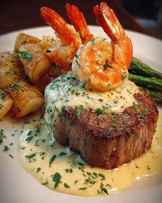 Delicious Surf and Turf served with a creamy garlic sauce