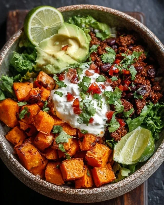 A colorful Sweet Potato Taco Bowl garnished with fresh ingredients.