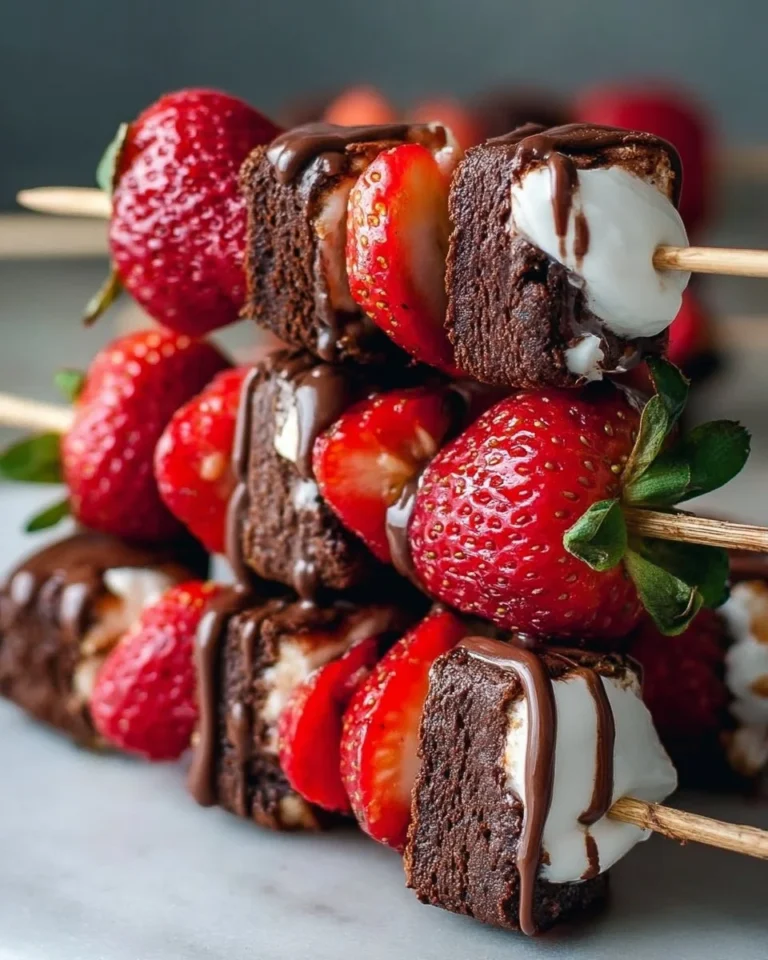 Sweet strawberry brownie kabobs on skewers, perfect for parties