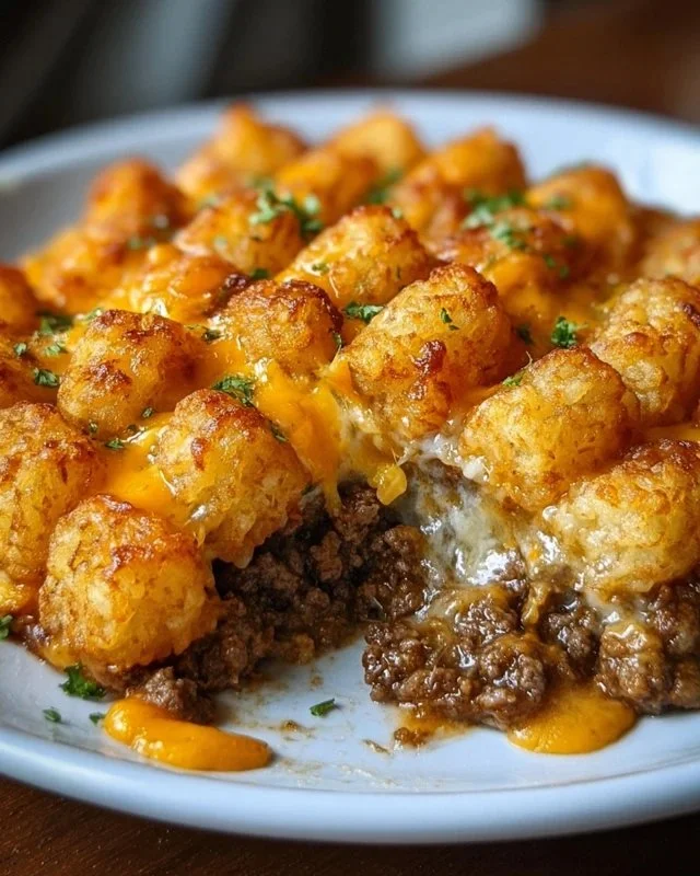 Delicious Tater Tot Casserole topped with ground beef and melted cheese.