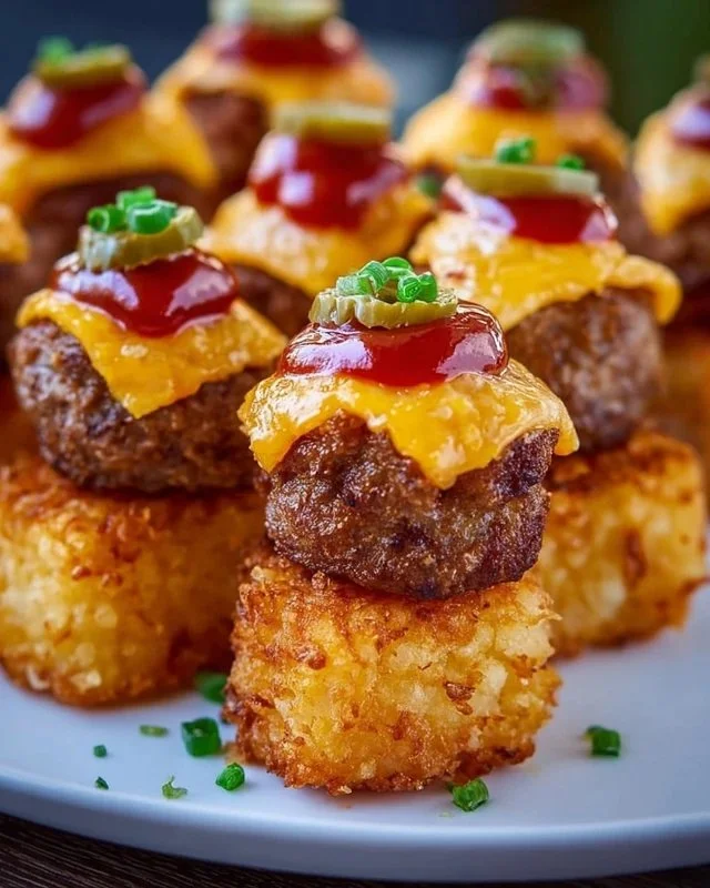 Tater Tot Mini Cheeseburger Bites served on a platter