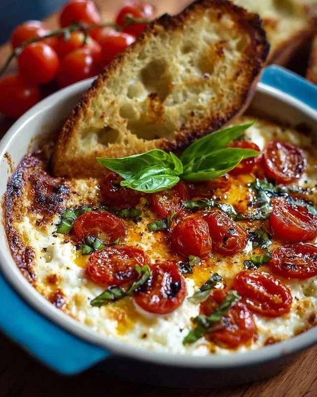 Three-Cheese Tomato Bruschetta Dip served in a bowl with fresh tomatoes and herbs