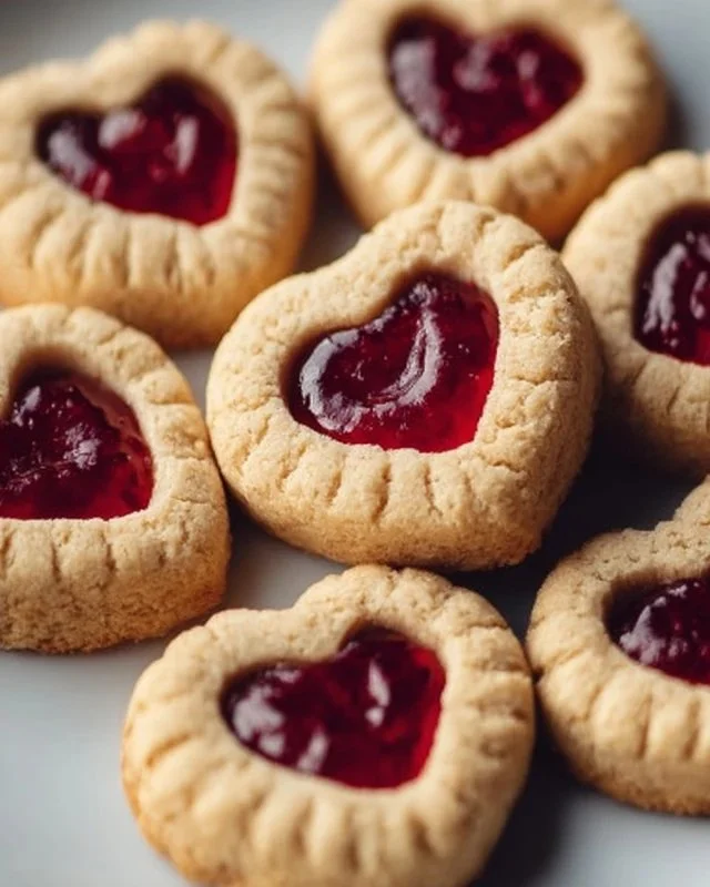 Thumbprint heart cookies decorated with jam, perfect for Valentine's Day treats.