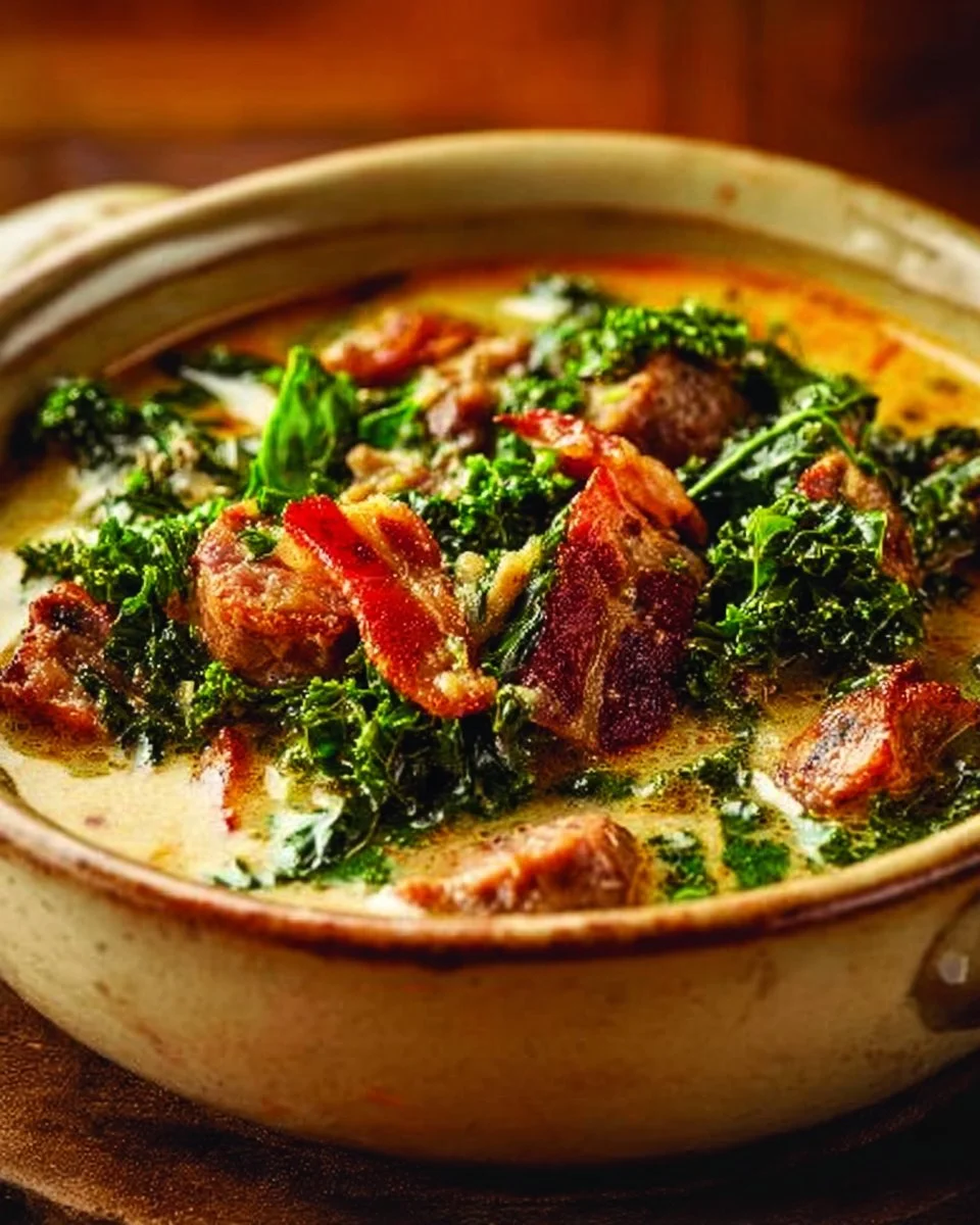 Bowl of hearty Tuscan soup with vegetables and beans, garnished with herbs.
