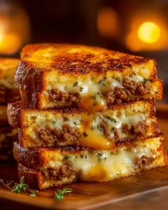 Ultimate cheesy ground beef melt with melted cheese and seasoned beef
